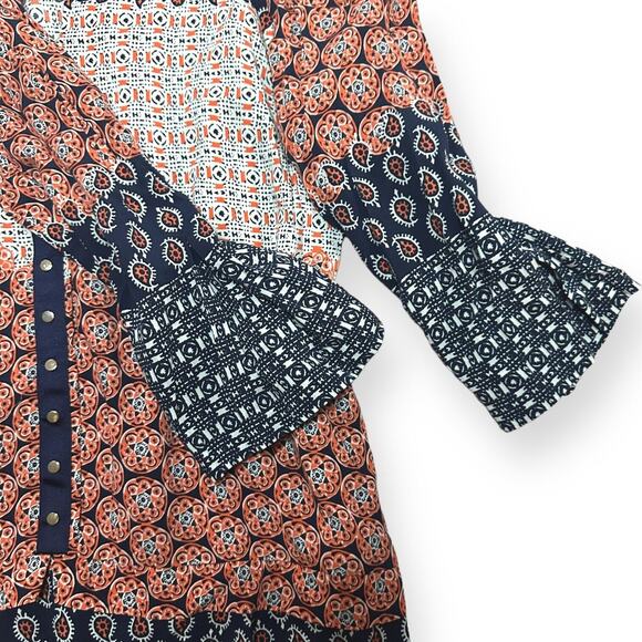 ZARA Tunic Boho Dress 3/4 Sleeve Paisley Geometric Gold Button Accent Blue Small - Picture 7 of 12